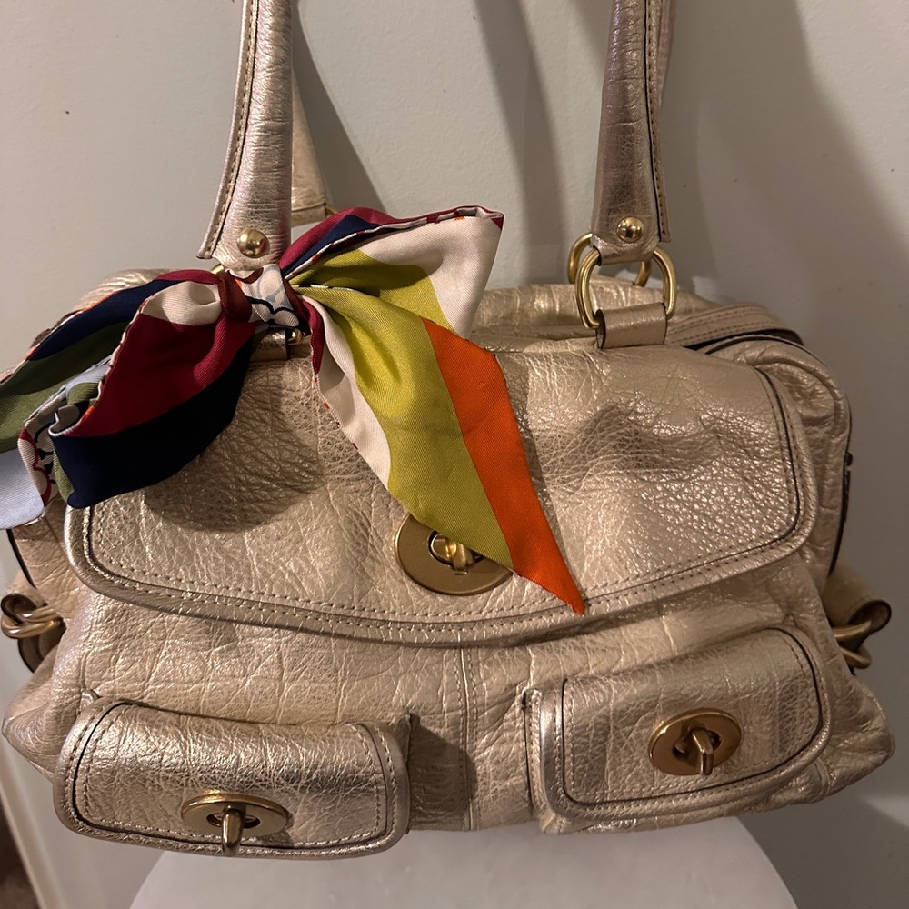 Coach Peyton Satchel in Gold Metallic Leather + Legacy Stripe Scarf